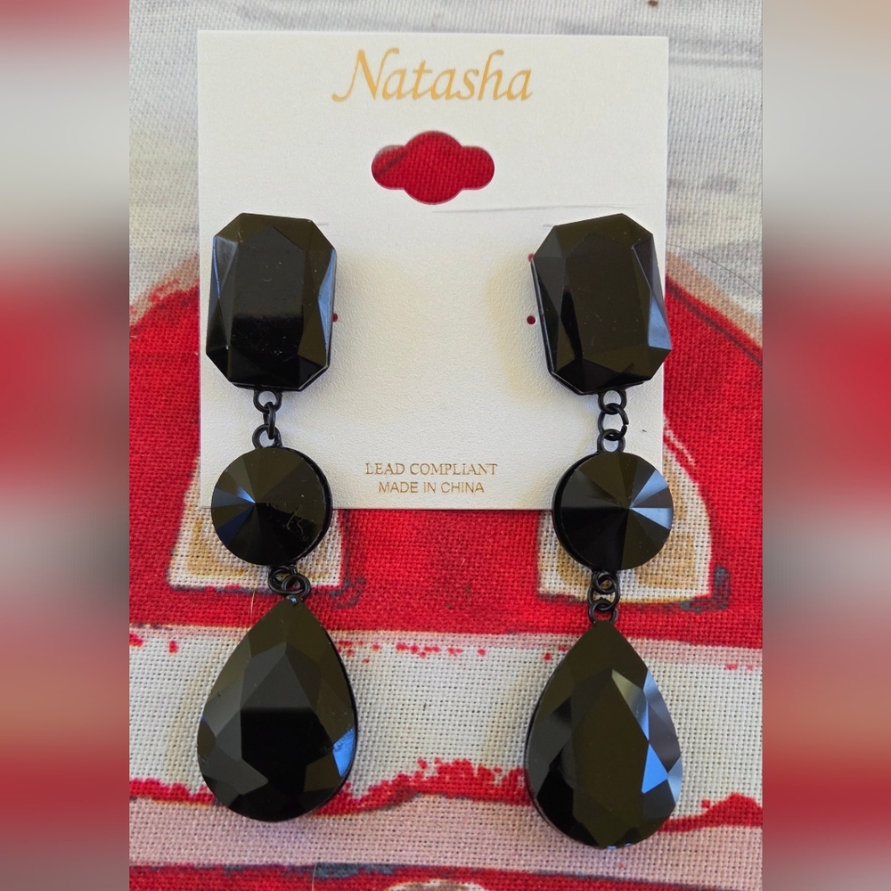 Natasha Elegant Black Three Tier Drop Earrings
